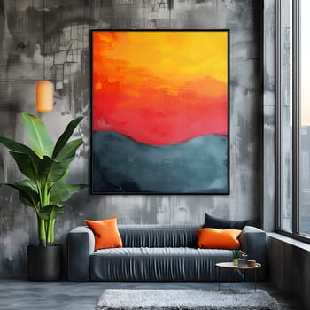 An interior design with a furniture set including a studio couch, orange rectangleshaped couch, a large painting in a picture frame hanging on the wall, and a plant