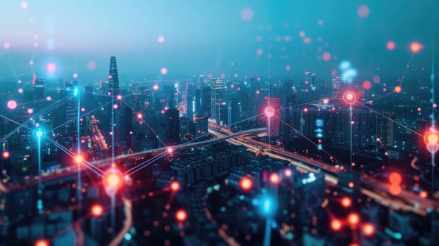 Digitally enhanced image illustrating a bustling smart city network with glowing connections and data points over an urban skyline. AIG41