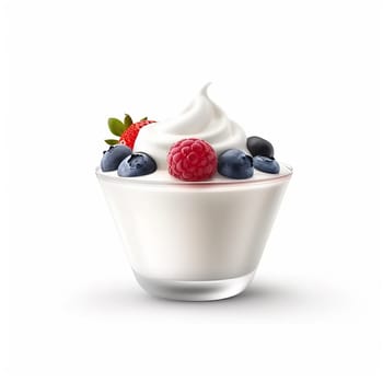 Bowl of yogurt with fresh strawberries, raspberries, and blueberries on white background.