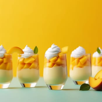 Refreshing mango dessert topped with cream against yellow background