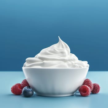 A bowl of whipped cream with fresh raspberries and a blueberry on a blue background.