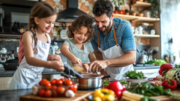 A family is happily cooking and bonding in the kitchen, sharing natural foods and ingredients, while enjoying leisure time together. AIG41