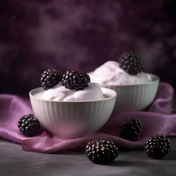 Bowl of blackberries yogurt on a purple background.