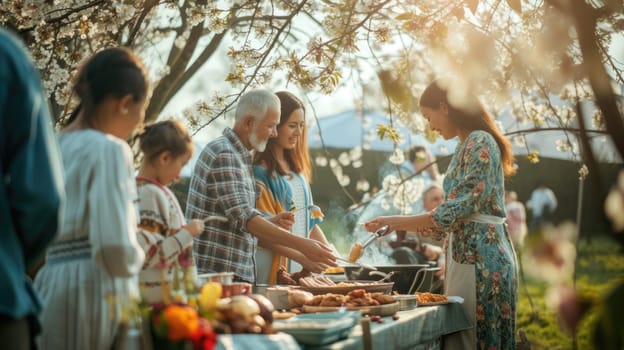 A man, wearing a hat, cooks food on a grill, surrounded by a group of people, sharing a leisurely cooking event under a tree with grassy surroundings. AIG41