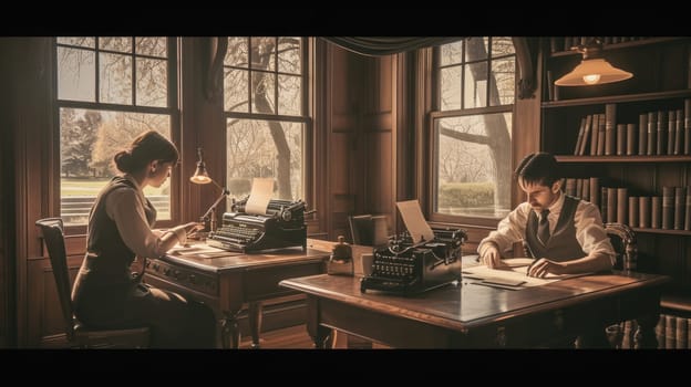 Two women seated at a table with a typewriter, sharing a conversation in a building with a window overlooking the street. AIG41