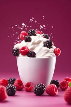A bowl of ice cream with fresh raspberries and blueberries on top.