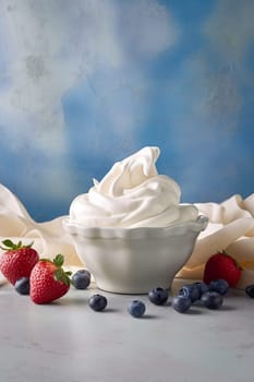 Bowl of yogurt with fresh strawberries and blueberries on a blue background.