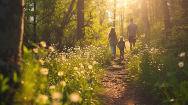 A woman and child stroll through a forest, hand in hand, amidst trees, plants, and natural woodland landscape. AIG41