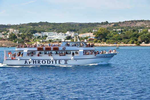 Protaras, Cyprus - Oct 10. 2019. Aphrodite II -Sightseeing ship with the tourists sets sail