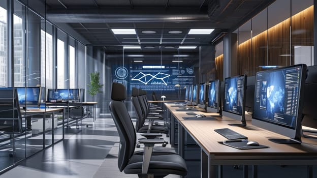 In an office building, a row of computer monitors sits on a desk, creating a symmetrical display. The electric blue glow reflects on the glass surfaces. AIG41