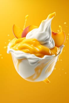 Refreshing mango dessert topped with cream against yellow background