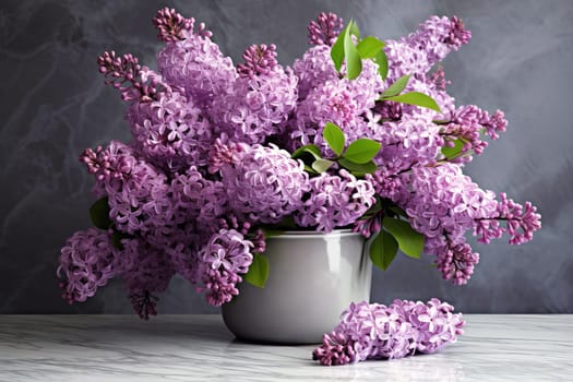 A bouquet of beautiful fragrant lilacs in a vase. AI generated.