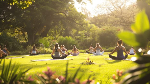 A serene outdoor yoga class in progress, with individuals practicing poses on mats in a lush garden during golden hour. AIG41