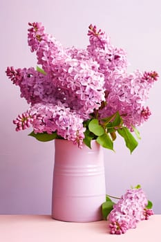 A bouquet of beautiful fragrant lilacs in a vase. AI generated.