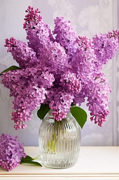 A bouquet of beautiful fragrant lilacs in a vase. AI generated.