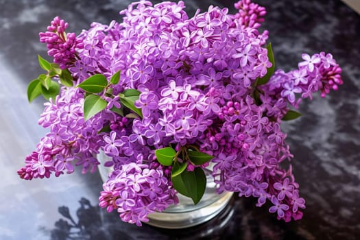 A bouquet of beautiful fragrant lilacs in a vase. AI generated.