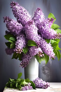 A bouquet of beautiful fragrant lilacs in a vase. AI generated.