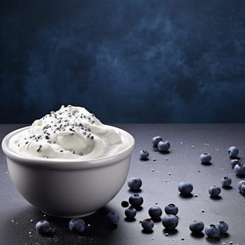 A bowl of yogurt topped with blueberries on a blue backdrop with scattered berries.