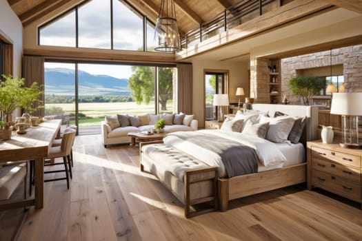 Hotel room with panoramic view of the mountains.