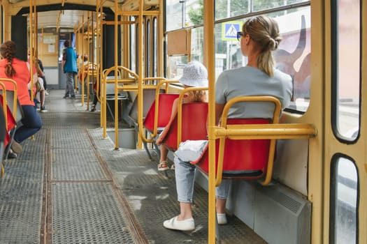 Vintage old historical tram with the passengers