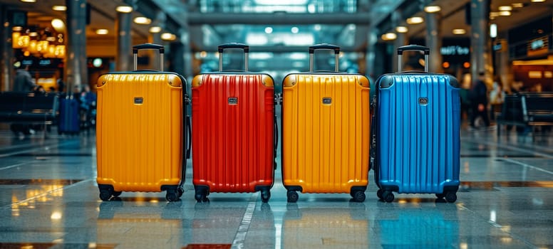 Four suitcases at the station. Travel and vacation theme background. Travel banner.