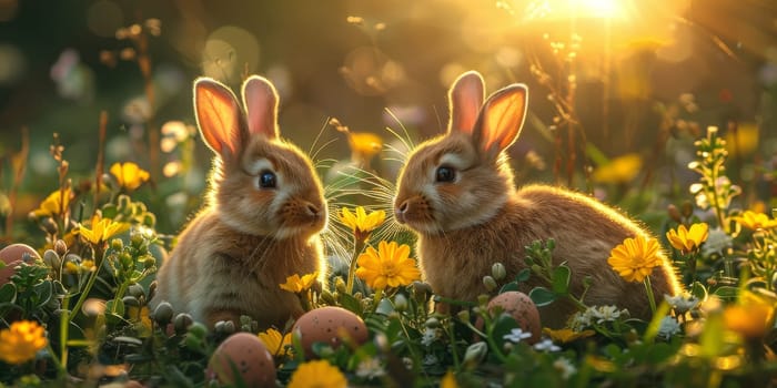 Little Easter bunny and Easter eggs on grass