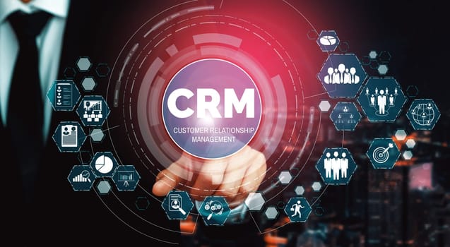 CRM Customer Relationship Management for business sales marketing system concept presented in futuristic graphic interface of service application to support CRM database analysis. uds