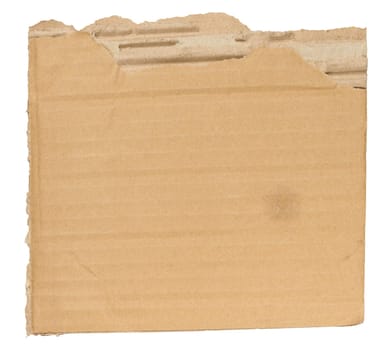 Piece of brown cardboard with torn edges on isolated background, close up