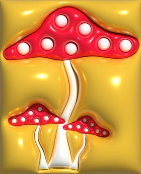 Fly agarics on a yellow background, 3D rendering illustration