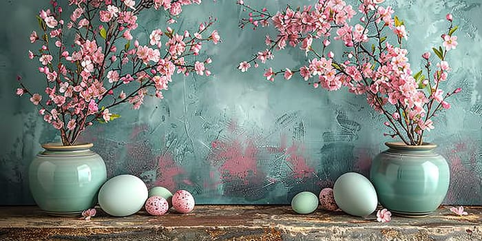 Happy Easter! Colorful Easter chocolate eggs with cherry blossoms flat lay background. Stylish tender spring template with space for text. Greeting card or banner