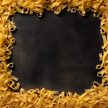 Uncooked tagliatelle pasta forming a border on a dark surface.