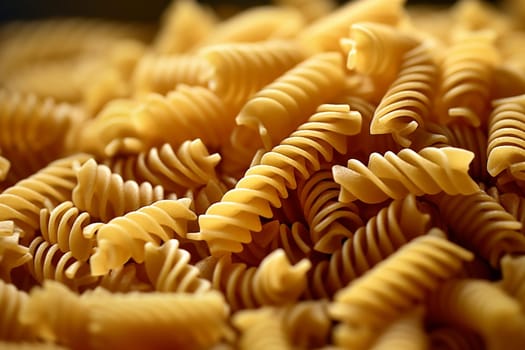 Close-up view of uncooked fusilli pasta.