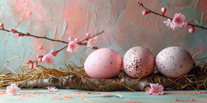 Happy Easter! Colorful Easter chocolate eggs with cherry blossoms flat lay background. Stylish tender spring template with space for text. Greeting card or banner