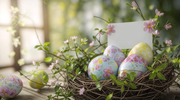 painted easter eggs and flowers on a rustic wooden background, embodying the joy of spring - generative AI