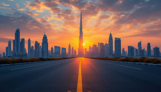 The perspective of the road against the background of sunset and the cityscape. High quality photo