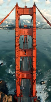 Enjoy a leisurely aerial view of the iconic Golden Gate Bridge in San Francisco as watercraft and vehicles pass beneath it, with the wind in your hair