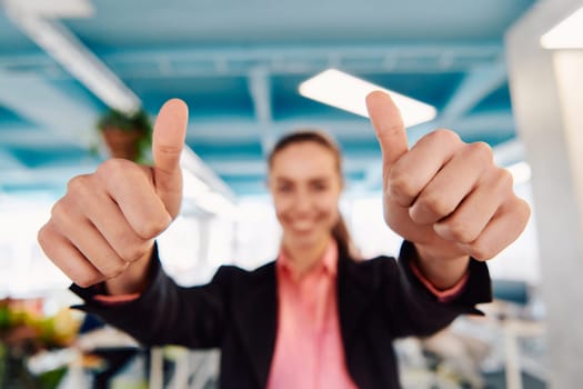 Closeup of hands, Smiling Business Woman Making Frame Gesture with at modern bright coworking open space startup office.