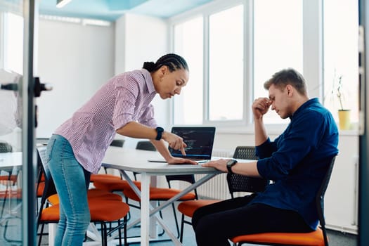 A furious business director of a startup office berating her employee for business mistakes and errors.