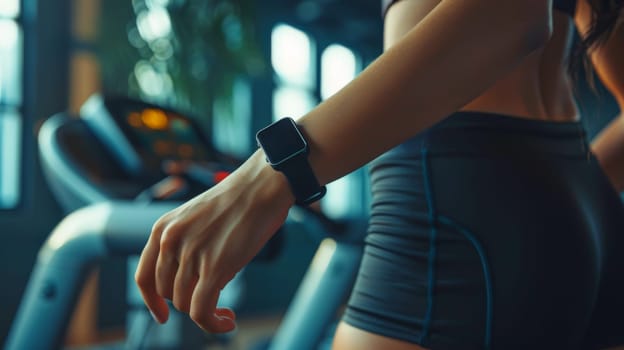 A person wearing a smart health tracker in gym, Fitness smartwatch in use, technology meets health.