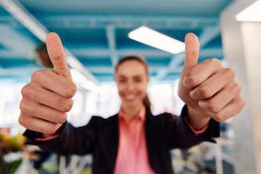 Closeup of hands, Smiling Business Woman Making Frame Gesture with at modern bright coworking open space startup office.