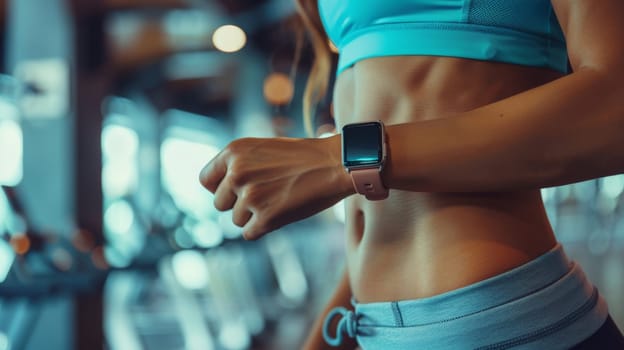 A person wearing a smart health tracker in gym, Fitness smartwatch in use, technology meets health.