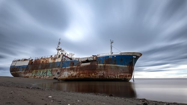 Decaying ship on a foggy shore symbolizes neglect and temporal progression.