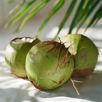 Three green coconuts displayed on a table with a palm tree in the background, showcasing the beauty of this terrestrial plant. Coconuts are versatile ingredients used in various natural foods