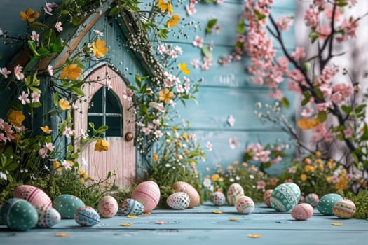 Outdoor Easter cottage wall, Easter Theme. Generative AI.