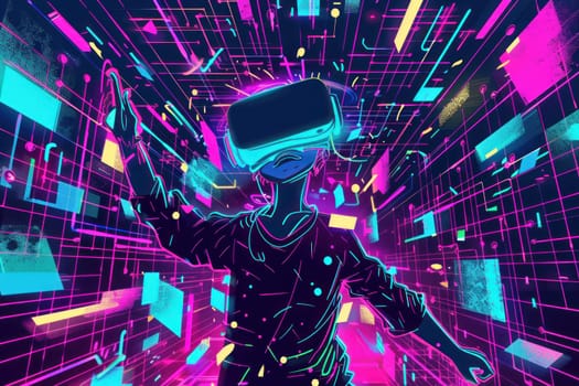 A character in VR glasses in neon space in the style of halftone pattern. Generative AI.