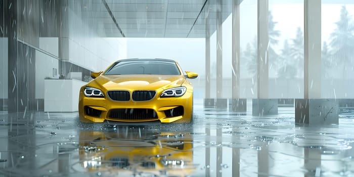 A yellow BMW M6 is parked in a garage with a lot of windows, showcasing its sleek automotive design. The grille, hood, bumper, and automotive lighting of the vehicle are all visible from outside