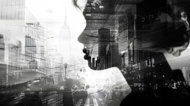 A monochrome double exposure featuring a womans face overlaying a cityscape, blending the urban buildings with her features in black and white contrast