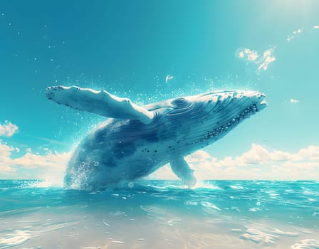 A humpback whales fin gracefully breaks through the liquid barrier of the ocean, soaring into the sky before plunging back into the underwater depths. A majestic display of marine mammal behavior