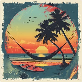 An art piece with a rectangle frame depicting a hammock and a surfboard on a beach at sunset. The painting captures the tints and shades of the watercraft against a backdrop of palm trees