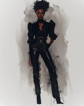 A captivating painting of a woman in a sleek black leather outfit with a stylish hat, intricate sleeve details, and a confident gesture, showcasing a blend of fashion design and artistry